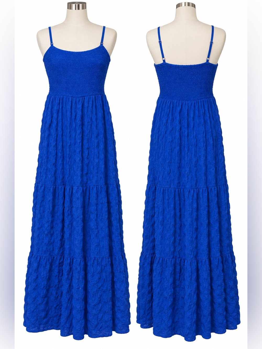 SHEIN Cobalt Blue Textured Tiered Maxi Dress Smocked Spaghetti Strap L